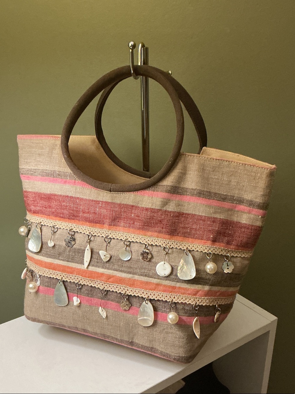 Boden Vintage Linen Striped Shell-Charms Tote in Coral Pink Tan Cotton Lined